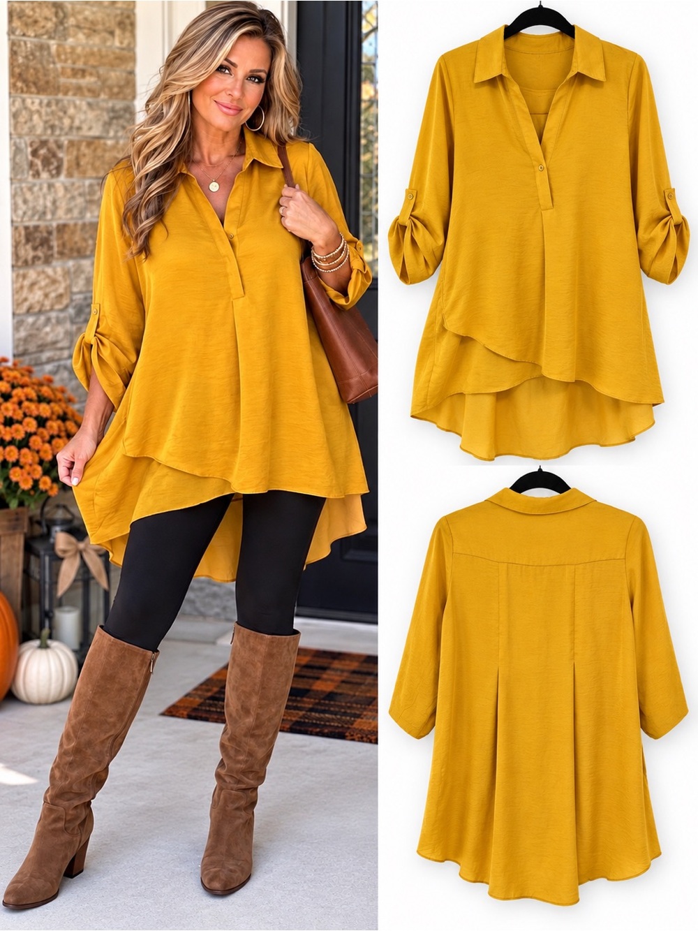 Renuar Mustard Yellow High-Low Collared Tunic